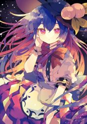 Rule 34 | 1girl, absurdres, black hat, blue hair, bow, bowtie, buttons, center frills, closed mouth, colored inner hair, frills, fruit hat ornament, hair between eyes, hat, hat ornament, highres, hinanawi tenshi, long hair, looking at viewer, multicolored hair, nikorashi-ka, peach hat ornament, puffy short sleeves, puffy sleeves, rainbow order, red bow, red bowtie, red eyes, red hair, red skirt, shirt, short sleeves, skirt, solo, touhou, white shirt, wrist cuffs