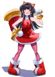 Rule 34 | 1girl, absurdres, amy rose, amy rose (cosplay), animal ears, bare shoulders, black hair, blunt bangs, blush, boots, breasts, brown eyes, clenched hand, cosplay, dot nose, dress, fake animal ears, full body, gloves, hairband, hammer, hand on own hip, highres, holding, holding hammer, idolmaster, idolmaster shiny colors, long hair, looking at viewer, mayuzumi fuyuko, medium breasts, open mouth, pantyhose, pigeon-toed, pink pantyhose, puni (punycolors), red dress, red footwear, red hairband, shadow, simple background, sleeveless, sleeveless dress, solo, sonic (series), sonic cd, sonic the hedgehog (classic), standing, two side up, v-shaped eyebrows, white background, white gloves, yellow bracelet