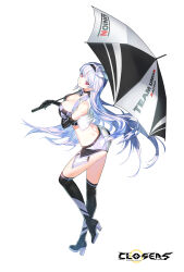 Rule 34 | 1girl, :t, ass, bare shoulders, boots, breasts, choker, cleavage, closed mouth, closers, crop top, cropped vest, elbow gloves, full body, gloves, high heel boots, high heels, highres, holding, holding umbrella, large breasts, long hair, looking at viewer, looking back, micro shorts, midriff, mirae (closers), non-web source, official art, open clothes, pout, race queen, red eyes, shorts, sleeveless, smile, solo, thigh boots, thighhighs, thighs, umbrella, very long hair, vest, white hair