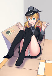 Rule 34 | 1girl, absurdres, anchor, anchor hair ornament, aqua eyes, black skirt, black thighhighs, blonde hair, blush, box, corner, double v, grey background, hair ornament, hat, highres, in box, in container, kantai collection, long hair, microskirt, military, military uniform, panties, peaked cap, pleated skirt, prinz eugen (kancolle), skirt, thighhighs, twintails, underwear, uniform, v, white panties, xiaoxi0619