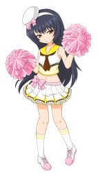 Rule 34 | 1girl, alternate costume, beret, black hair, black neckerchief, bow skirt, brown eyes, coco&#039;s, commentary request, cross-laced footwear, double horizontal stripe, frilled skirt, frills, full body, girls und panzer, hairband, half-closed eyes, hat, highres, holding, holding pom poms, long hair, looking at viewer, midriff, miniskirt, nabemaru (don2work), navel, neckerchief, parted lips, partial commentary, pleated skirt, pom pom (cheerleading), pom poms, reizei mako, sailor collar, shirt, shoes, simple background, skirt, sleeveless, sleeveless shirt, socks, solo, standing, tilted headwear, w arms, white background, white footwear, white hairband, white headwear, white socks, yellow sailor collar