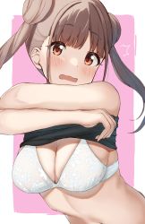 Rule 34 | 1girl, absurdres, black shirt, blunt bangs, blush, bra, breasts, brown hair, cleavage, clothes lift, commentary request, double bun, hair bun, highres, idolmaster, idolmaster shiny colors, large breasts, long hair, looking at viewer, open mouth, pink background, red eyes, shirt, shirt lift, skindentation, sleeveless, sleeveless shirt, solo, sonoda chiyoko, surprised, twintails, underwear, upper body, wanimaru, wavy mouth, white bra