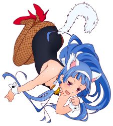Rule 34 | 1girl, animal ears, bell, blue hair, blunt bangs, cat ears, cat tail, collar, cuffs, detached collar, downblouse, ejoty, fang, fishnet pantyhose, fishnets, full body, hair tubes, hairband, high heels, highres, kannagi, kittysuit, leotard, long hair, nagi, neck bell, nontraditional playboy bunny, pantyhose, paw pose, playboy bunny, purple eyes, tail, transparent background
