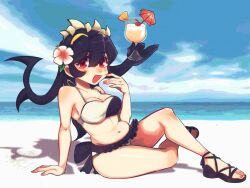 Rule 34 | 1girl, beach, bikini, blush, breasts, cherry, cocktail umbrella, cup, drinking glass, drinking straw, filia (skullgirls), flower, flower on head, food, frilled bikini, frills, fruit, ghostybutt, hibiscus, highres, large breasts, leaning to the side, looking at viewer, medium breasts, navel, ocean, open mouth, plump, red eyes, samson (skullgirls), sandals, sitting, skullgirls, smile, solo, swimsuit