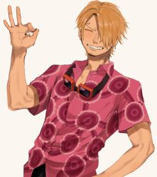Rule 34 | 1boy, ^ ^, arm up, blonde hair, cigarette, closed eyes, commentary, cowboy shot, curly eyebrows, facial hair, goatee, goggles, goggles around neck, highres, holding, holding cigarette, konekomarururu, male focus, one piece, pink shirt, sanji (one piece), shirt, short hair, simple background, solo, symbol-only commentary