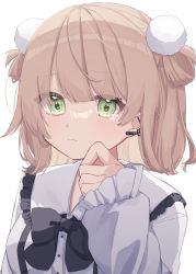 Rule 34 | 1girl, absurdres, black bow, bow, bowtie, breasts, collared shirt, earpiece, frilled sleeves, frills, hair ornament, hair rings, highres, indie virtual youtuber, light brown hair, long sleeves, medium breasts, pom pom (clothes), pom pom hair ornament, roku 6, shigure ui (vtuber), shirt, sidelocks, simple background, solo, tears, two side up, virtual youtuber, white background, white shirt