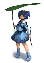 Rule 34 | 1girl, :d, backpack, bag, blue eyes, blue hair, boots, cattail, female focus, hair bobbles, hair ornament, hat, kawashiro nitori, key, laboto, leaf, matching hair/eyes, open mouth, plant, pocket, rubber boots, short hair, short twintails, skirt, smile, solo, touhou, twintails, two side up