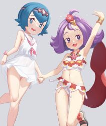 Rule 34 | 2girls, acerola (pokemon), acerola (sygna suit) (pokemon), arm up, armlet, blue eyes, blue hair, bracelet, bright pupils, commentary request, creatures (company), dress, flipped hair, flower, game freak, gazing eye, grey background, hair flower, hair ornament, hairband, highres, holding hands, jewelry, knees, lana (pokemon), lana (sygna suit) (pokemon), leg up, looking at viewer, looking down, medium hair, multiple girls, navel, neckerchief, necklace, nintendo, no sclera, official alternate costume, panties, pink hairband, pink neckerchief, pokemon, pokemon masters ex, purple hair, red flower, sailor collar, sandals, shirt, short hair, simple background, sleeveless, sleeveless shirt, sweatdrop, topknot, underwear, white dress, white panties, white pupils, white sailor collar, white shirt