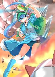 Rule 34 | 1girl, absurdres, backpack, bag, blue eyes, blue hair, boxing gloves, clenched hand, drill, explosion, hair bobbles, hair ornament, hat, highres, kawashiro nitori, key, matching hair/eyes, missile, rock, school swimsuit, short hair, solo, swimsuit, swimsuit under clothes, touhou, twintails, two side up, water gun, weapon, zk (zk gundan)