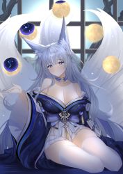 Rule 34 | 1girl, absurdres, animal ear fluff, animal ears, azur lane, bare shoulders, blue collar, blue eyes, blue kimono, blush, breasts, cleavage, collar, fox ears, fox girl, hair between eyes, hair ornament, highres, japanese clothes, kimono, large breasts, large tail, long hair, long sleeves, looking at viewer, moon, moon phases, multiple tails, off shoulder, pleated skirt, shinano (azur lane), silver hair, sitting, skirt, solo, tail, thighhighs, tnr (horiko1525), white skirt, white tail, white thighhighs, wide sleeves, window
