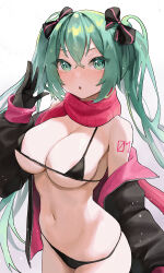 Rule 34 | 1girl, :o, areola slip, bare shoulders, bikini, black bikini, black bow, black jacket, blush, bow, breasts, cleavage, cowboy shot, green eyes, green hair, hair bow, hand up, hatsune miku, highres, jacket, large breasts, long hair, long sleeves, micro bikini, nakony, navel, number tattoo, off shoulder, open clothes, open jacket, open mouth, pink scarf, scarf, shoulder tattoo, simple background, solo, swimsuit, tattoo, twintails, very long hair, vocaloid, white background