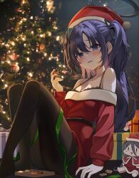 Rule 34 | 1girl, absurdres, aris (blue archive), black bra, black pantyhose, blue archive, blush, box, bra, character doll, christmas, christmas tree, commentary request, gift, gift box, hair between eyes, halo, hat, highres, leepy, long hair, long sleeves, looking at viewer, mechanical halo, open mouth, pantyhose, pom pom (clothes), purple eyes, purple hair, red hat, santa costume, santa hat, solo, two side up, underwear, yuuka (blue archive)