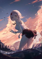 Rule 34 | 1girl, :d, absurdres, black skirt, blush, braid, breasts, camisole, cloud, commentary request, flower, genshin impact, green eyes, hair flower, hair ornament, highres, jewelry, leaning forward, looking at viewer, looking back, medium breasts, miniskirt, noelle (genshin impact), open mouth, outdoors, red flower, ring, short hair, skirt, sky, smile, solo, standing, thighs, wading, water, white hair, wristband, yajuu