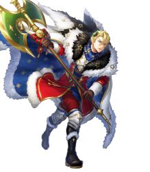 Rule 34 | 1boy, argon (exys), attack, bell, black footwear, blonde hair, blue cape, blue eyes, brown gloves, cape, dimitri alexandre blaiddyd, dimitri alexandre blaiddyd (blessed protector), fire emblem, fire emblem: three houses, fire emblem heroes, fur-trimmed cape, fur trim, gloves, hair ornament, halberd, highres, holly, holly hair ornament, male focus, multicolored cape, multicolored clothes, nintendo, non-web source, official alternate costume, official art, parted bangs, parted lips, polearm, solo, v-shaped eyebrows, weapon, white cape