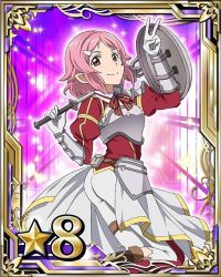 Rule 34 | 10s, 1girl, armor, breastplate, card (medium), hair ornament, hairclip, holding, holding weapon, leg up, lisbeth (sao), lisbeth (sao-alo), looking at viewer, pink hair, pointy ears, red eyes, shield, short hair, smile, solo, star (symbol), sword art online, v, weapon