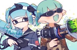 Rule 34 | 1boy, 1girl, aqua hair, black hairband, blaster (splatoon), blue eyes, brown jacket, camouflage, camouflage jacket, commentary request, dot mouth, e-liter 4k (splatoon), eyelashes, fangs, goggles, gun, hairband, holding, holding gun, holding weapon, inkling, inkling boy, inkling girl, inkling player character, inuowour, jacket, nintendo, open mouth, pointy ears, short hair, splatoon (series), splatoon 2, thank you, twintails, upper body, weapon, white background