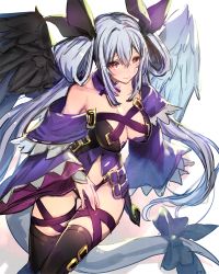 Rule 34 | 1girl, alternate color, asymmetrical wings, bare shoulders, black thighhighs, blush, bow, breasts, choker, cleavage, closed mouth, detached sleeves, dizzy (guilty gear), guilty gear, hair between eyes, large breasts, long hair, long sleeves, looking at viewer, oro (sumakaita), player 2, red eyes, revealing clothes, ribbon, silver hair, smile, solo, tail, tail bow, tail ornament, tail ribbon, thighhighs, twintails, very long hair, wide sleeves, wings