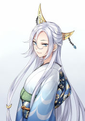 Rule 34 | 1girl, beads, blue eyes, closed mouth, crescent, crescent hair ornament, fhalei, floral print, gradient background, hair between eyes, hair ornament, half updo, japanese clothes, jewelry, kimono, long hair, looking at viewer, mikazuki chika, obi, sash, shinken!!, smile, solo, upper body, very long hair, white hair