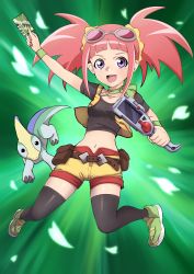 Rule 34 | 1girl, :d, absurdres, belt, black shirt, black thighhighs, blunt bangs, bone necklace, breasts, brown belt, card, choker, collarbone, commentary, commentary request, crop top, dinosaur, dinosaur king, english commentary, full body, goggles, goggles on head, green background, green choker, green footwear, highres, holding, holding card, jewelry, looking at viewer, medium breasts, midriff, mixed-language commentary, navel, necklace, open clothes, open mouth, open vest, parapara (dinosaur king), pink hair, pouch, purple eyes, shirt, shoes, short shorts, short sleeves, short twintails, shorts, sidelocks, simple background, smile, sneakers, solo focus, soon (toruto98), tatsuno malm, thighhighs, twintails, vest, wristband, yellow shorts, yellow vest