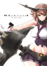 Rule 34 | 10s, 1girl, bare shoulders, breasts, brown hair, cannon, english text, gloves, green eyes, headband, headgear, highres, kantai collection, kiriki haruomi, large breasts, machinery, midriff, miniskirt, mutsu (kancolle), radio antenna, short hair, skirt, solo, text focus, turret, white gloves