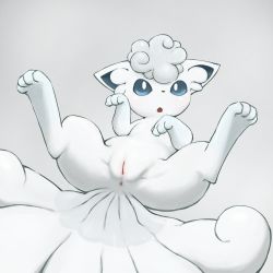 Rule 34 | 1girl, alolan form, alolan vulpix, animal ears, animal hands, anus, blue sclera, colored sclera, creatures (company), female focus, fox ears, full body, game freak, gen 7 pokemon, grey background, highres, looking up, lying, multiple tails, nintendo, no humans, on back, open mouth, pokemon, pokemon (creature), pussy, simple background, solo, spread legs, tail, uncensored, white eyes, youjo modoki