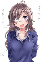 Rule 34 | 1girl, ahoge, arms behind back, blue sweater, blush, breasts, brown hair, commentary request, eyepatch, highres, long hair, looking at viewer, medical eyepatch, medium breasts, motion lines, neit ni sei, open mouth, original, purple eyes, sketch, smile, solo, sweat, sweater, translation request, upper body, white background