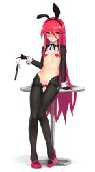 Rule 34 | 1girl, animal ears, black gloves, black legwear, blush, cameltoe, covered erect nipples, fake animal ears, flat chest, full body, gloves, hair between eyes, heart pasties, high heels, highres, key, long hair, looking at viewer, maebari, meme attire, navel, ohlia, parted lips, pasties, pink footwear, rabbit ears, rabbit tail, revealing clothes, reverse bunnysuit, reverse outfit, shakugan no shana, shana, shrug (clothing), sitting, solo, stomach, straddling, sweat, tail, thigh strap, very long hair, wrist cuffs