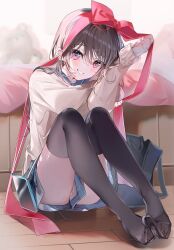 Rule 34 | 1girl, bag, black hair, black thighhighs, bow, brown shirt, cellphone, hair between eyes, hair ornament, hairclip, hand up, highres, indoors, long hair, long sleeves, looking at viewer, miwano rag, multicolored eyes, open mouth, original, phone, red bow, school bag, shirt, sitting, skirt, smartphone, smile, solo, striped clothes, striped skirt, thighhighs, toes, x hair ornament