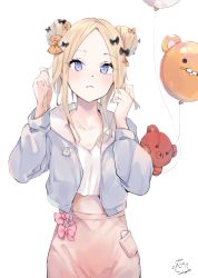 Rule 34 | 1girl, abigail williams (fate), balloon, black bow, blonde hair, blue eyes, blue jacket, blush, bow, breasts, collarbone, double bun, fate/grand order, fate (series), forehead, hair bow, hair bun, highres, jacket, long hair, long sleeves, looking at viewer, midriff, multiple bows, open clothes, open jacket, orange bow, parted bangs, pink skirt, sai (saipoko), shirt, skirt, small breasts, solo, stuffed animal, stuffed toy, teddy bear, white shirt