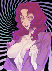 Rule 34 | breasts, breasts apart, constricted pupils, crazy eyes, curly hair, devilman, devilman crybaby, eyelashes, lipstick, makeup, medium breasts, nail polish, nipples, no bra, open clothes, open shirt, parted bangs, parted lips, psycho jenny, red hair, red lips, sharp teeth, solo, teeth, wide-eyed, yellow eyes