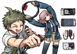 Rule 34 | 1boy, 1girl, :d, absurdres, black shirt, breasts, brown hair, brown skirt, closed eyes, collared shirt, commentary request, controller, danganronpa (series), danganronpa 2: goodbye despair, flipped hair, galaga, hair ornament, hairclip, handheld game console, happy, highres, hinata hajime, jacket, joy-con, large breasts, long sleeves, looking at viewer, miniskirt, monokuma, nanami chiaki, nintendo, nintendo switch, open mouth, pink eyes, pink hair, playing games, pleated skirt, ribbon, ring-con, ring fit adventure, school uniform, shirt, shirt tucked in, short hair, sketch, skirt, smile, teeth, thigh strap, thighhighs, upper teeth only, white background, white shirt, youko-shima, zettai ryouiki