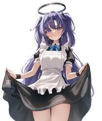 1girl absurdres alternate_costume apron black_dress blue_archive blush closed_mouth clothes_lift cowboy_shot dress dress_lift enmaided frilled_apron frills halo highres lifting_own_clothes long_hair looking_at_viewer maid maid_apron maid_headdress mechanical_halo puffy_short_sleeves puffy_sleeves purple_eyes purple_hair shj1998z short_sleeves simple_background solo two_side_up white_apron white_background yuuka_(blue_archive)