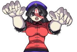 Rule 34 | 1girl, bad id, bad pixiv id, black eyes, black hair, breasts, chinese clothes, female focus, fingernails, hat, large breasts, miyako yoshika, mono (moiky), open mouth, outstretched arms, sharp fingernails, short sleeves, solo, star (symbol), touhou, transparent background, zombie pose