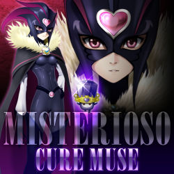 Rule 34 | 10s, 1girl, black bodysuit, black thighhighs, bodysuit, boots, brooch, cape, character name, cure muse, cure muse (black), dodory, dual persona, hand on own hip, heart, hip focus, jewelry, magical girl, mask, pants, precure, purple eyes, sekken kasu barrier, serious, shirabe ako, sparkle, suite precure, thigh boots, thighhighs