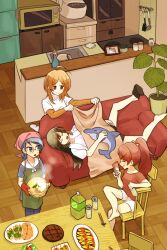 Rule 34 | 4girls, blanket, cellphone, chopsticks, couch, cover, cover page, covering with blanket, food, highres, holding, holding phone, matsumine (twin-mix), microwave, multiple girls, official art, on couch, openai, phone, photo (object), picture frame, plant, potted plant, sleeping, steam, stuffed animal, stuffed dolphin, stuffed toy