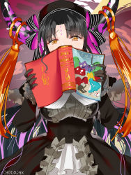Rule 34 | 1girl, alice in wonderland, artist name, black bow, black gloves, black hair, blush, book, bow, brown eyes, chocojax, cosplay, covered navel, dress, fate (series), gloves, hair bow, highres, holding, holding book, horns, long sleeves, looking at viewer, nursery rhyme (fate) (cosplay), nursery rhyme (fate), sessyoin kiara, solo, standing