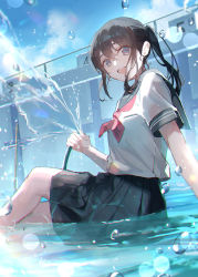 Rule 34 | 1girl, :d, absurdres, black hair, black skirt, commentary request, day, feet out of frame, hair between eyes, highres, holding, holding hose, hose, huge filesize, long hair, looking at viewer, neckerchief, open mouth, original, oyuyu, pleated skirt, red eyes, school uniform, serafuku, shirt, short sleeves, sitting, skirt, smile, solo, water, wet, white shirt