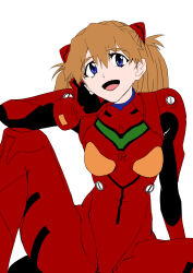 Rule 34 | 1girl, absurdres, alternate breast size, blue eyes, blush, bodysuit, breasts, brown hair, curvy, eywy4324, highres, interface headset, large breasts, long hair, looking at viewer, neon genesis evangelion, open mouth, plugsuit, red bodysuit, shiny clothes, sitting, skin tight, smile, solo, souryuu asuka langley, spread legs, very long hair, wavy mouth