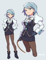 Rule 34 | 1girl, ace attorney, black footwear, black gloves, black pantyhose, black skirt, blue eyes, blue hair, boots, breasts, closed mouth, earrings, franziska von karma, gloves, grey background, hand on own hip, hands on own hips, high heel boots, high heels, highres, holding, jewelry, long sleeves, medium breasts, mole, mole under eye, multiple views, nono (norabi), pantyhose, phoenix wright: ace attorney - justice for all, puffy long sleeves, puffy sleeves, short hair, simple background, skirt, smirk, twitter username, white neckwear
