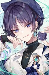 Rule 34 | 1boy, :p, bad id, bad twitter id, blue eyes, blue headwear, collared shirt, earrings, genshin impact, gold trim, green background, hair ornament, hairclip, holding, jewelry, light smile, long sleeves, looking at viewer, necklace, parted bangs, purple hair, ring, scaramouche (cat) (genshin impact), scaramouche (genshin impact), shirt, signature, solo, taya oco, tongue, tongue out, turtleneck, upper body, wanderer (genshin impact), white shirt