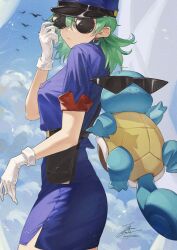 Rule 34 | 1girl, blue headwear, blue shirt, blue skirt, closed mouth, commentary request, creatures (company), day, fadingz, game freak, gen 1 pokemon, gloves, green hair, hair between eyes, hand up, hat, highres, jenny (pokemon), long hair, nintendo, outdoors, pokemon, pokemon (anime), pokemon (classic anime), pokemon (creature), round eyewear, shirt, short sleeves, side slit, signature, skirt, squirtle, squirtle squad, sunglasses, white gloves