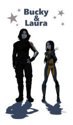 Rule 34 | 10s, 1boy, 1girl, animification, bodysuit, boots, claws, facial hair, goatee, hand on own hip, height difference, highres, james buchanan barnes, laura kinney, long hair, marvel, mechanical arms, nico (gumimayu), no mask, shadow, single mechanical arm, star (symbol), winter soldier, x-23, x-men