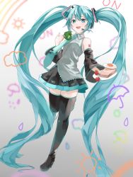 Rule 34 | 1girl, absurdly long hair, aqua eyes, aqua hair, aqua necktie, bare shoulders, black skirt, black sleeves, black thighhighs, blurry, blurry background, boots, bread slice, cloud, commentary, cup, detached sleeves, food, fried egg, full body, grey background, grey shirt, hair ornament, hatsune miku, headphones, headset, highres, holding, holding cup, holding plate, leg up, long hair, looking at viewer, miniskirt, necktie, open mouth, plate, pleated skirt, rain, rainbow, shirt, shoulder tattoo, skirt, sleeveless, sleeveless shirt, smile, solo, spring onion print, standing, standing on one leg, sun, tanpota, tattoo, thigh boots, thighhighs, toast, tomato, twintails, umbrella, very long hair, vocaloid, water drop, zettai ryouiki