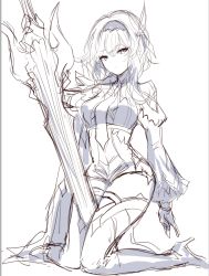 Rule 34 | 1girl, breasts, eula (genshin impact), genshin impact, hairband, high heels, holding, holding sword, holding weapon, juliet sleeves, kneeling, long sleeves, medium breasts, puffy sleeves, sheya, simple background, sketch, solo, sword, thighs, unfinished, weapon, white background, wide sleeves