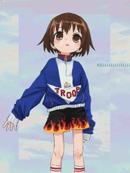 Rule 34 | 1girl, absurdres, arm at side, bad id, bad twitter id, black skirt, blue sweater, blush, brown eyes, brown hair, closed mouth, cowboy shot, gishiki (gshk), grey socks, highres, kill me baby, long sleeves, looking at viewer, oribe yasuna, parted lips, skirt, socks, solo, standing, sweater