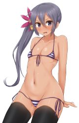 Rule 34 | 10s, 1girl, akebono (kancolle), bell, bikini, black thighhighs, blush, breasts, flower, hair bell, hair flower, hair ornament, jingle bell, kantai collection, long hair, looking at viewer, micro bikini, navel, open mouth, purple eyes, purple hair, side ponytail, small breasts, solo, striped bikini, striped clothes, swimsuit, tan, thighhighs, very long hair, white background, yamaori