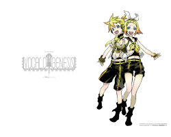 Rule 34 | 1boy, 1girl, blonde hair, brother and sister, couple, frills, happy, kagamine len, kagamine rin, miwa shirow, shorts, siblings, simple background, twins, vocaloid, wallpaper