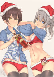 Rule 34 | 10s, 2girls, :o, alcohol, bell, black legwear, blue eyes, bow, bra, breasts, brown hair, christmas, cleavage, clothes lift, employee uniform, fur trim, hat, jingle bell, kaga (kancolle), kantai collection, kashima (kancolle), lawson, long hair, looking at viewer, medium breasts, multiple girls, navel, no pants, open mouth, panties, parfaitlate, red bra, red panties, santa hat, shirt lift, silver hair, stomach, striped, thighhighs, twintails, underwear, uniform, vertical stripes, wine, yellow eyes