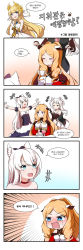 Rule 34 | 4koma, absurdres, american flag, american flag print, animal ear fluff, animal ears, azur lane, bare shoulders, black bow, black gloves, blonde hair, blue eyes, blush, bow, breast curtains, breasts, cat ears, chaser (azur lane), chaser (the way of the dragon empery) (azur lane), choker, cleavage, comic, crying, crying with eyes open, drill hair, drill sidelocks, elbow gloves, fingerless gloves, flag print, gloves, green eyes, hair ornament, hammann (azur lane), highres, korean text, large breasts, laurel crown, long hair, looking at viewer, multiple girls, open mouth, red choker, sidelocks, sims (azur lane), smile, speech bubble, sweatdrop, tears, thighhighs, translation request, victorious (azur lane), wavy mouth, white hair, winterfall (artenh)