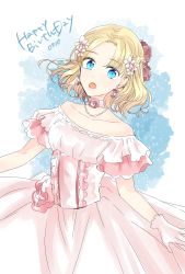 Rule 34 | 1girl, 3so4ru5959, absurdres, blonde hair, blue eyes, braid, choker, commentary, crown braid, dated, dress, earrings, english text, female focus, flower, flower choker, formal, frilled sleeves, frills, gloves, hair flower, hair ornament, happy birthday, highres, jewelry, looking at viewer, maria campbell, medium hair, necklace, off-shoulder dress, off shoulder, open mouth, otome game no hametsu flag shika nai akuyaku reijou ni tensei shite shimatta, parted bangs, pink choker, pink dress, pink flower, pink gloves, short sleeves, solo, standing